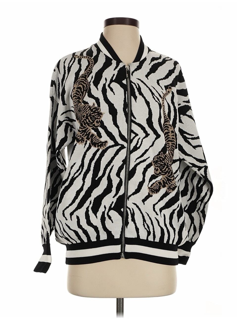 NWT AKEP Tiger Jacquard Knitted Bomber Jacket Black White Zebra Animal Print S